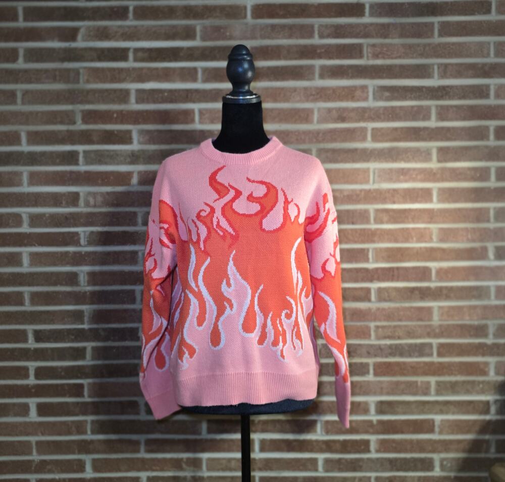 Agua Blues Y2K Flame Knit Sweater Pink Orange Fire Graphic Crewneck Size S NWOT